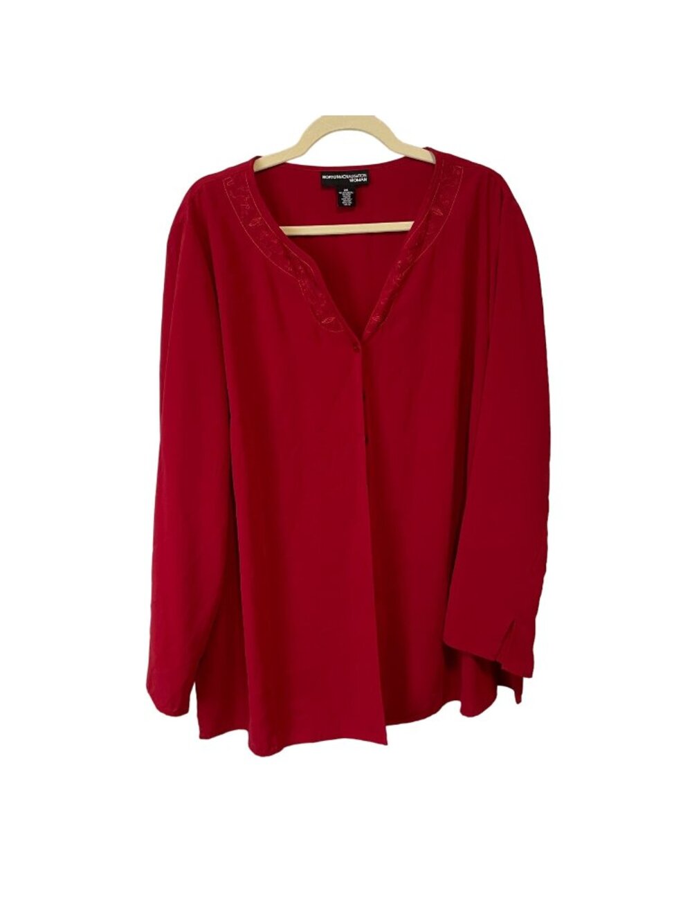 Norton McNaughton Woman Red Button-Front Blouse 2X Polyester Long Sleeve Embroid